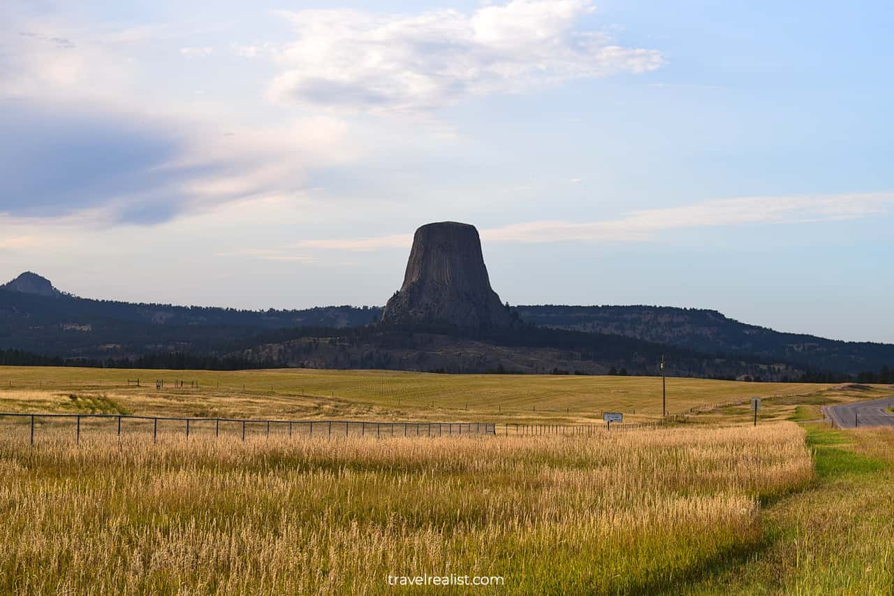 Views of Devils Tower National Monument off Highway 24 in Wyoming, US