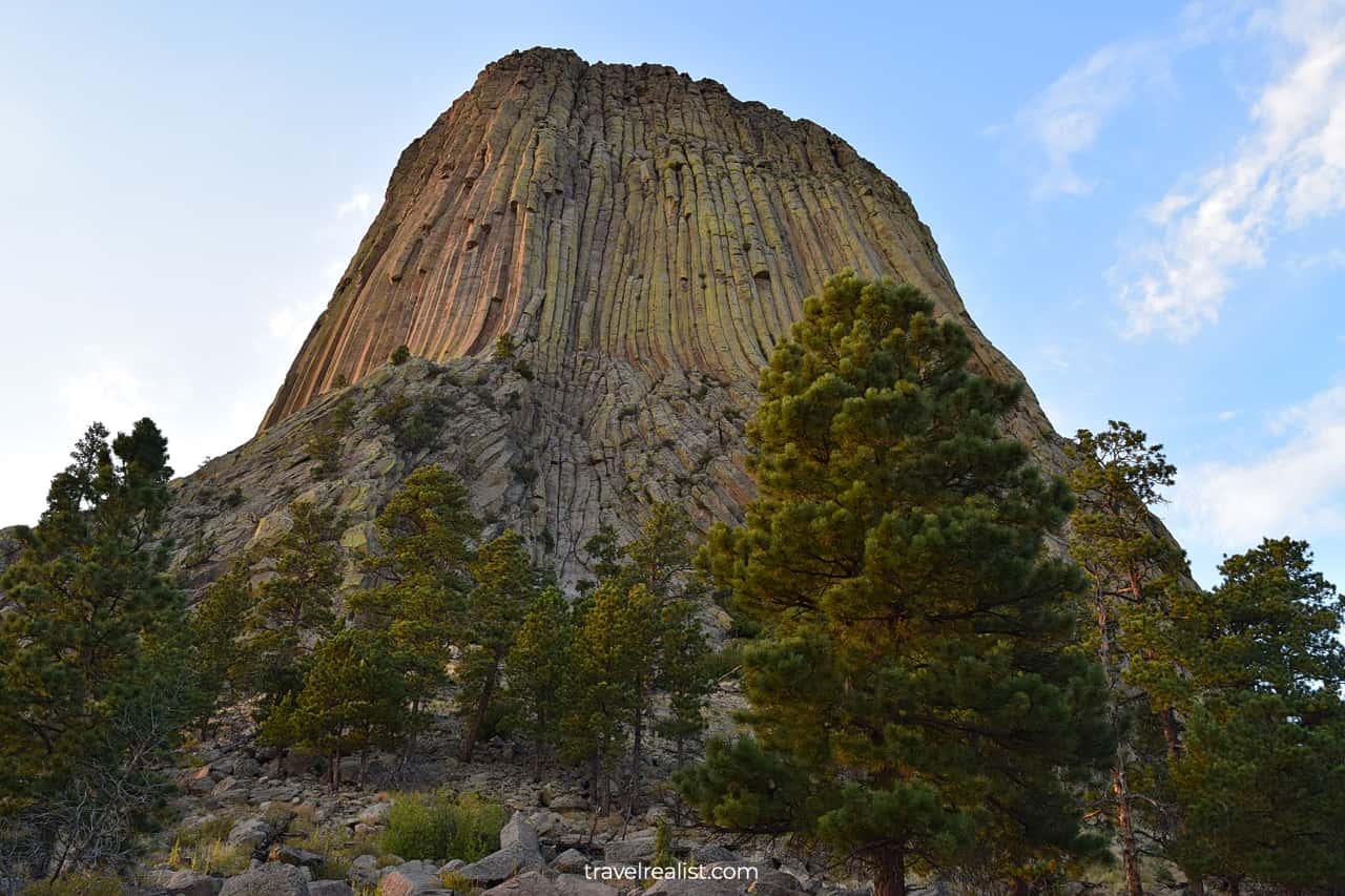 Steep slopes of Devils Tower National Monument in Wyoming, US