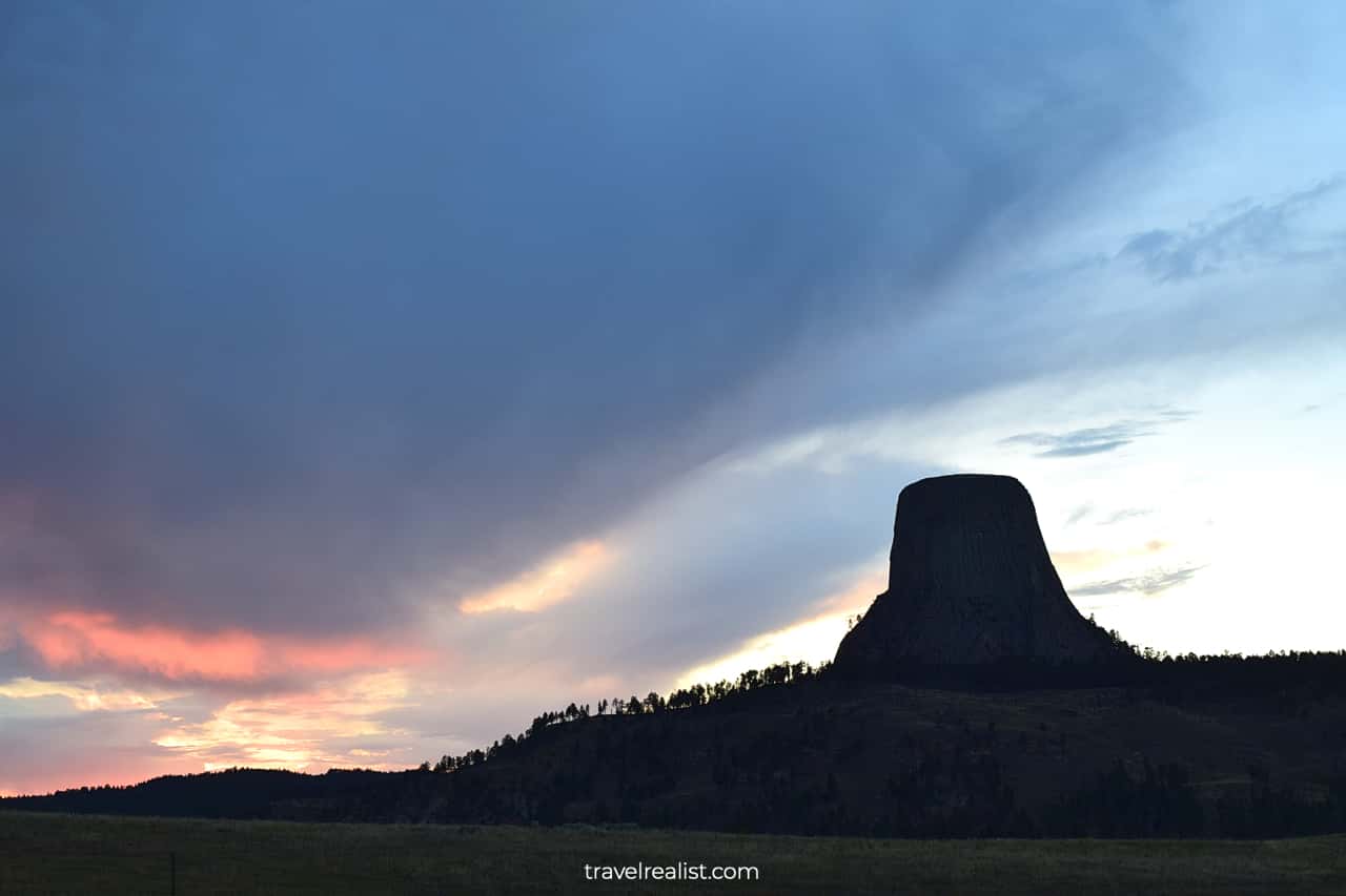Devils Tower National Monument after sunset in Wyoming, US