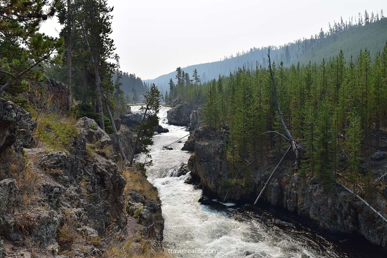 Firehole Canyon Drive and Firehole River in Yellowstone National Park, Wyoming, US