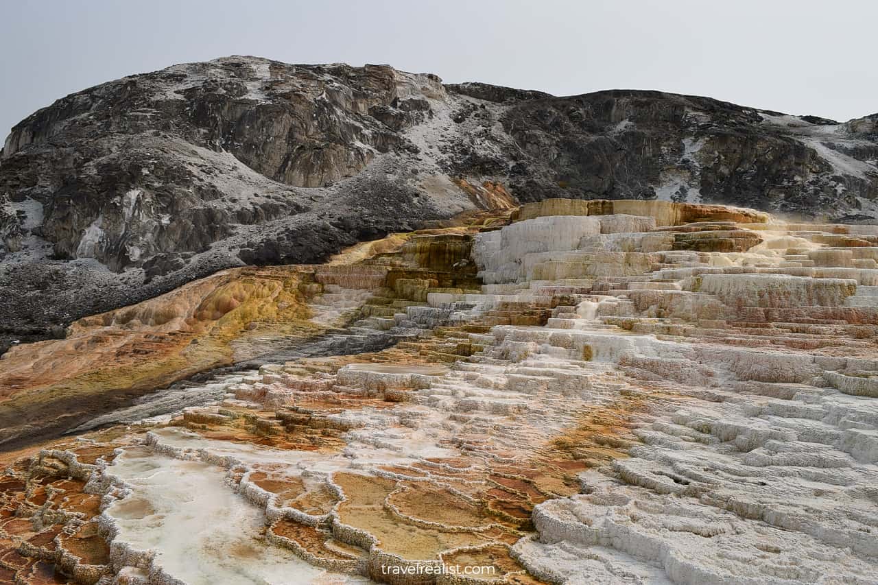 Iconic Upper Terraces at Mammoth Hot Springs in Yellowstone National Park, Wyoming, US