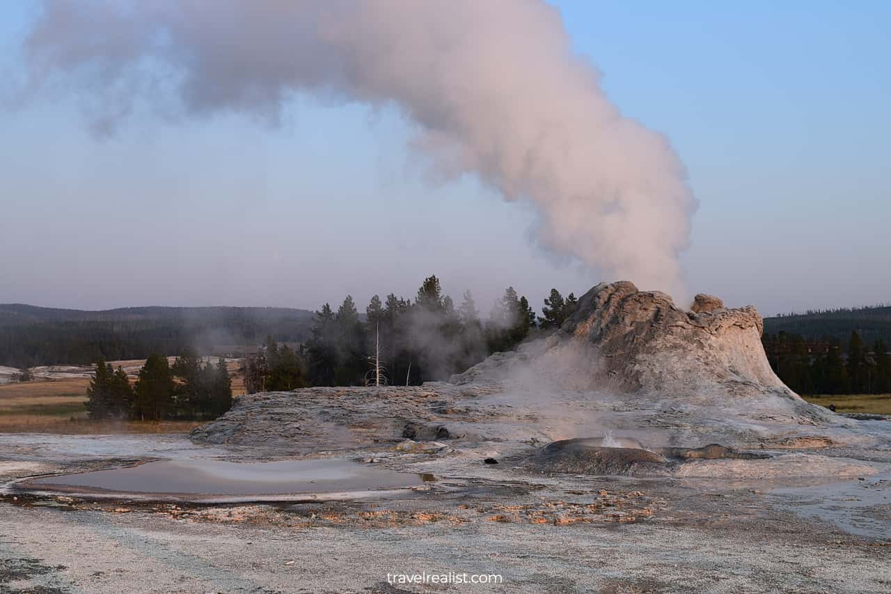 Castle Geyser releasing steam in Yellowstone National Park, Wyoming, US