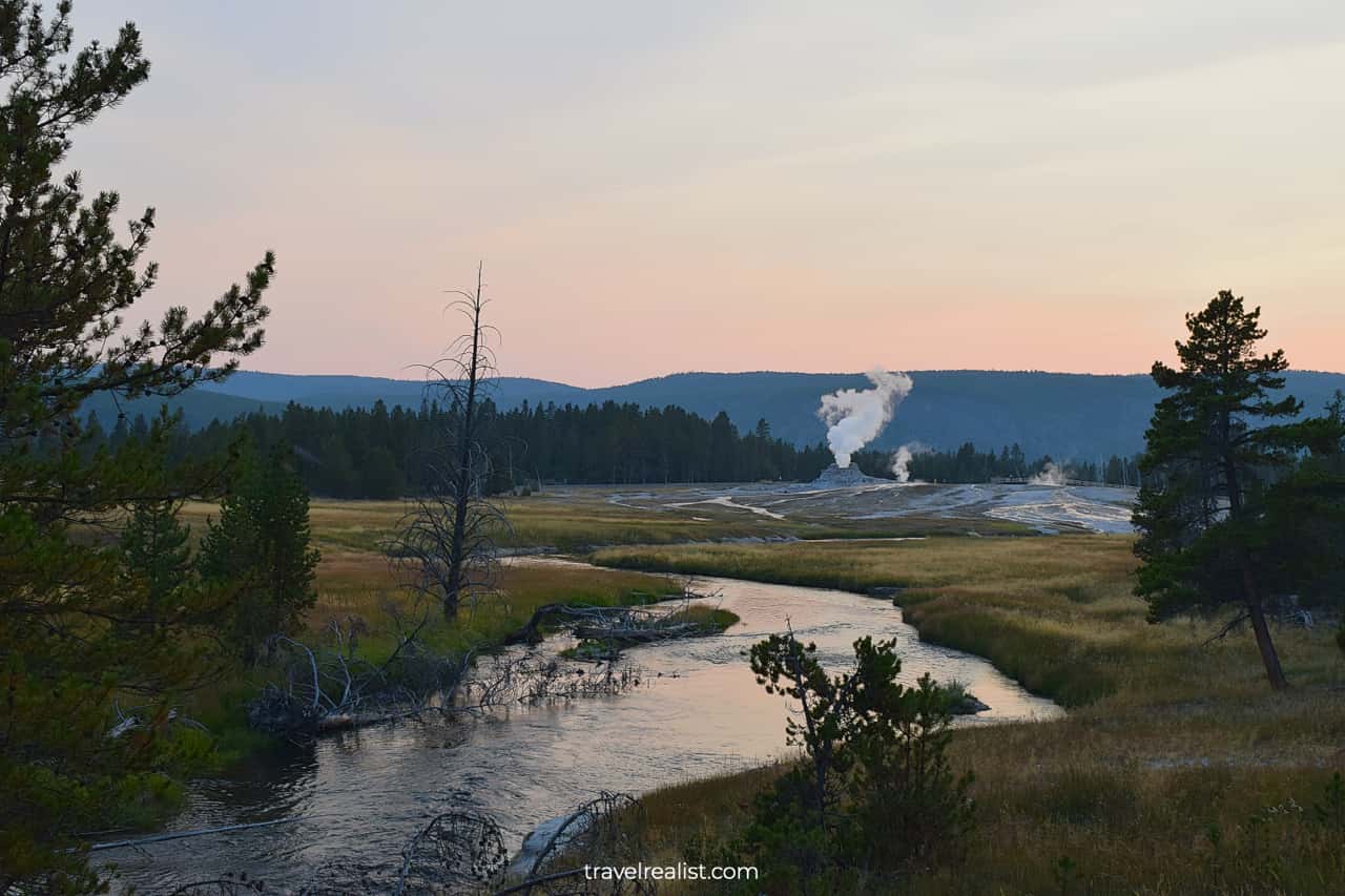 Firehole river and Geyser Hill in Yellowstone National Park, Wyoming, US